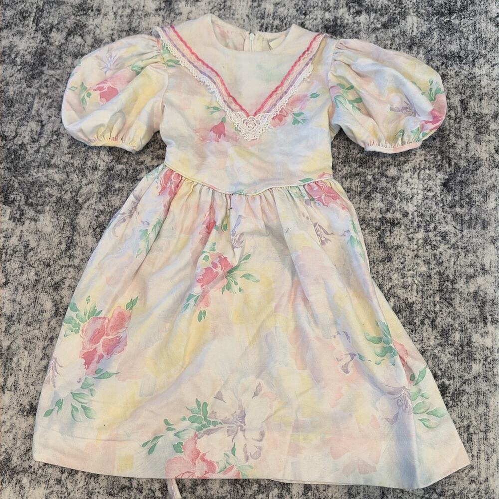 VTG 80s Little Girl Dress Ruth of Carolina Sz 5 Pastel Floral Puff Sleeve Collar